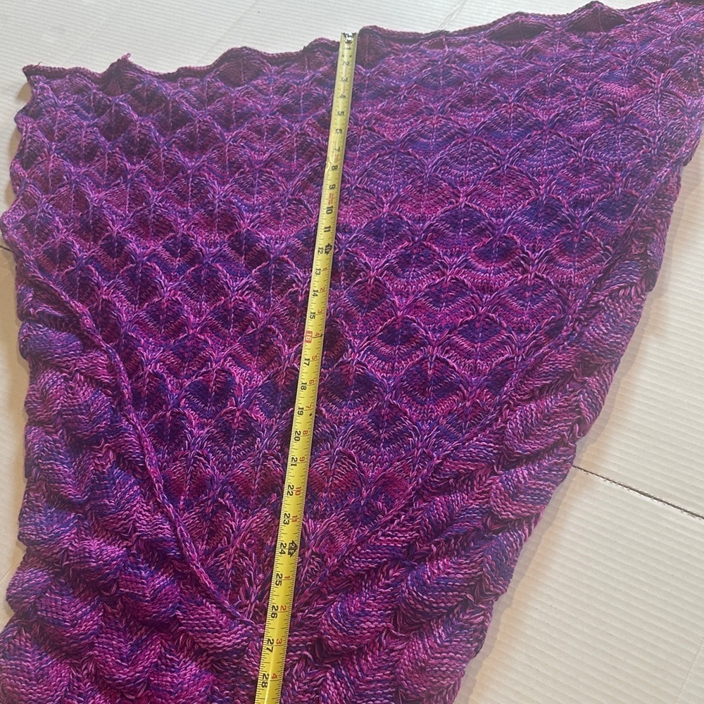 Purple pink and bluish knitted Mermaid Tail Blanket costume with fringe at ends - Picture 4 of 11